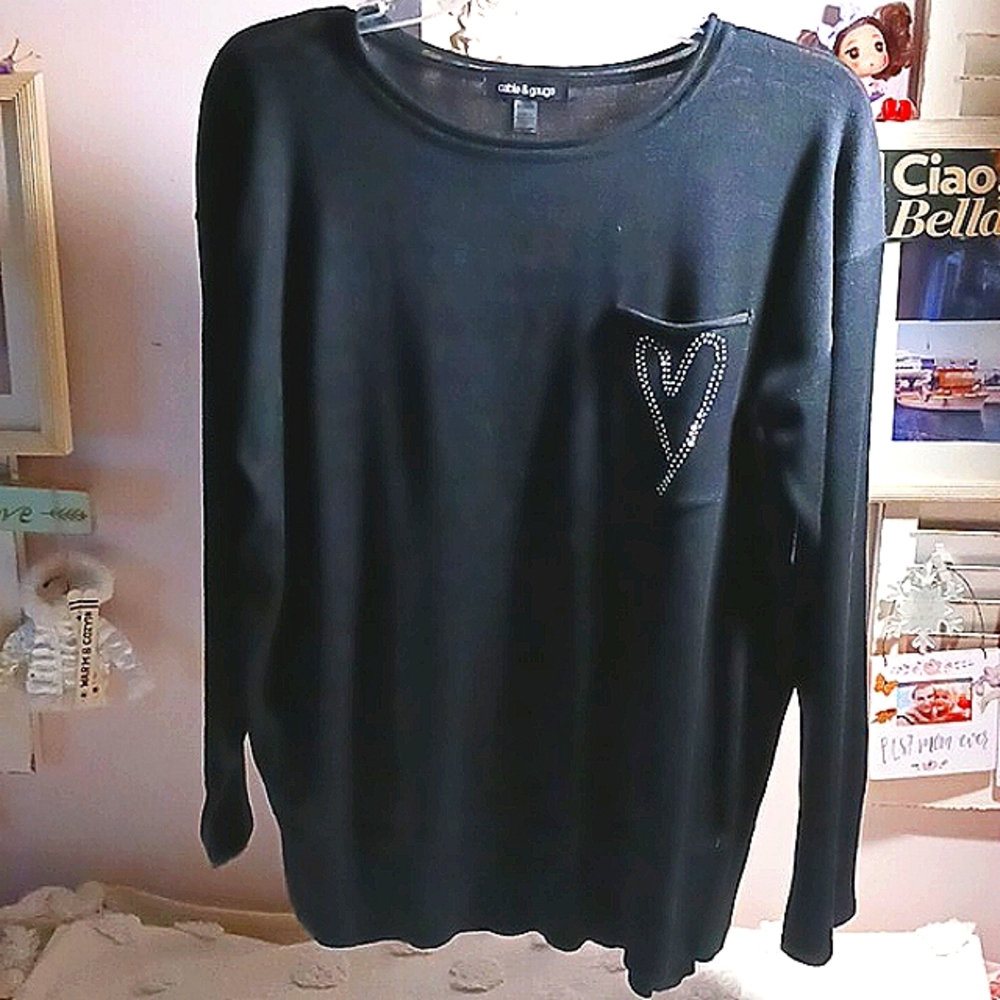 ❤️Cable & Gauge Rheinstone Heart Crew Neck ♥️ Sweater XL